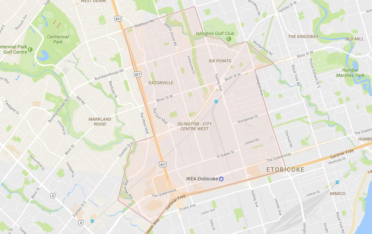 Harta e Islington-në Qendër të Qytetit në Perëndim lagjen Toronto