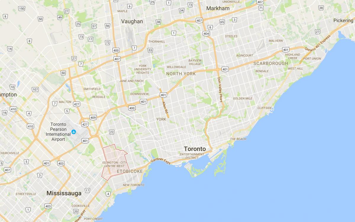 Harta e Islington-në Qendër të Qytetit në Perëndim të qarkut të Torontos