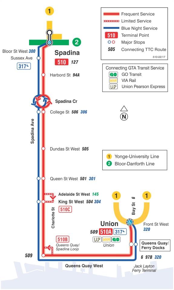 Harta e streetcar linjë 510 Spadina