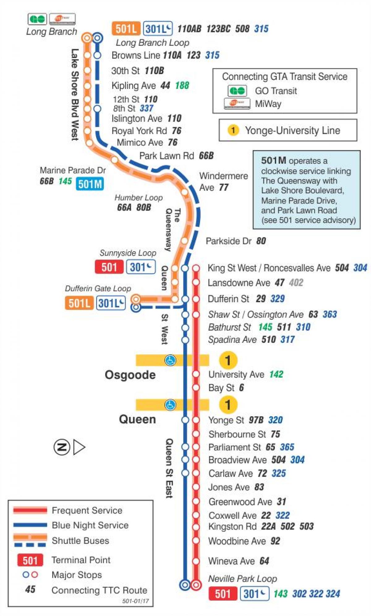 Harta e streetcar linjë 501 Mbretëreshës