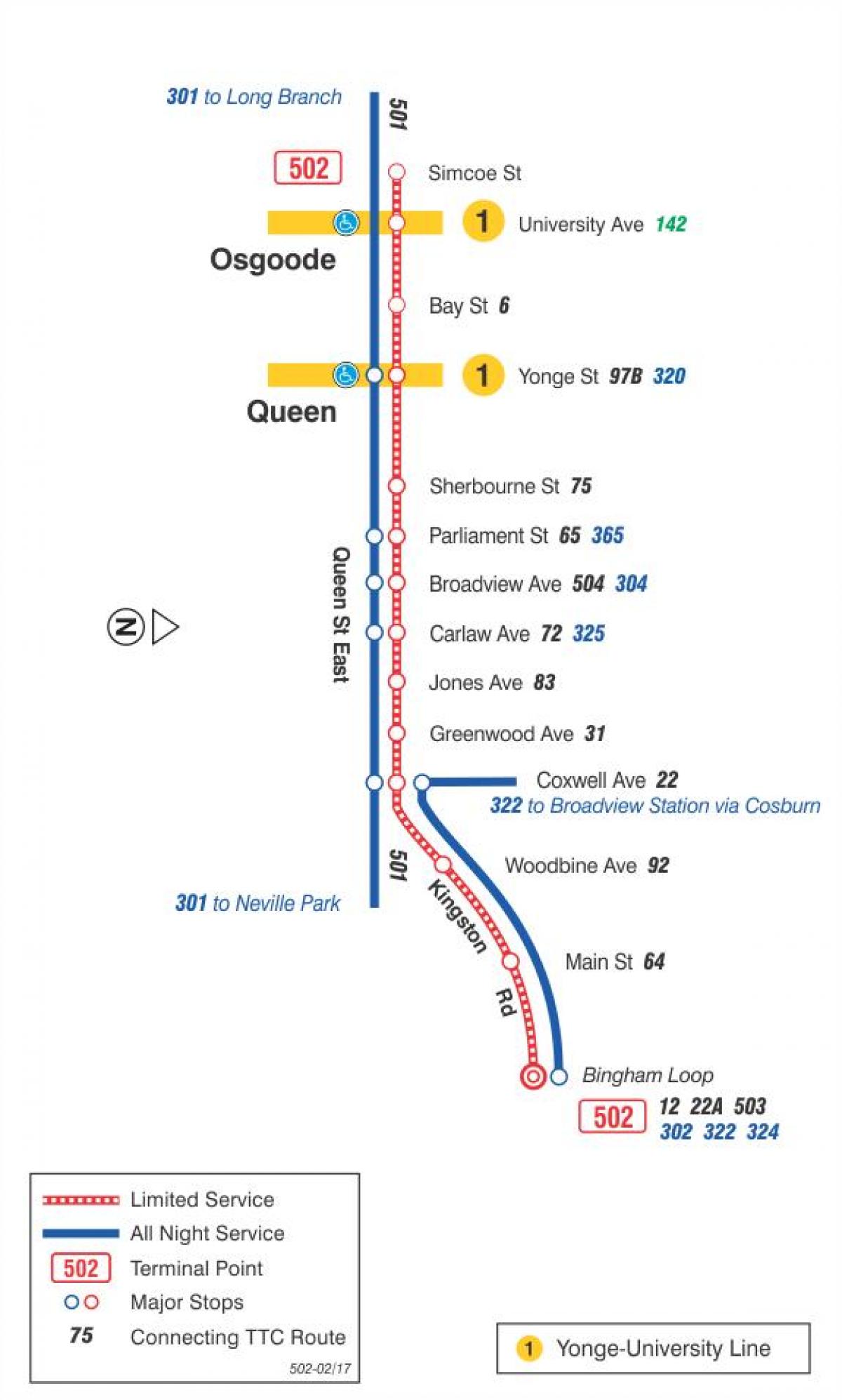 Harta e streetcar linjë 502 Downtowner