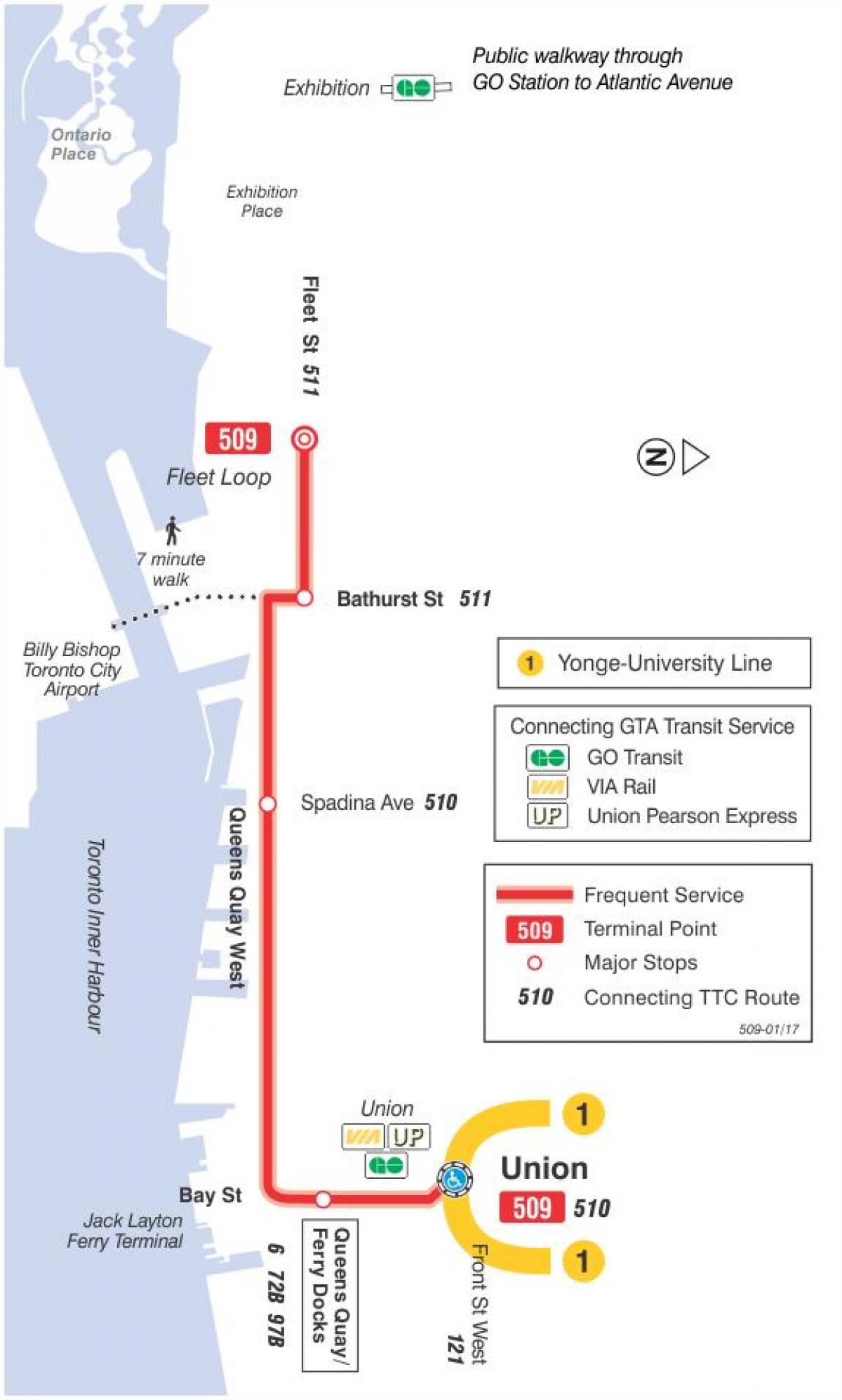 Harta e streetcar linjë 509 Harbourfront