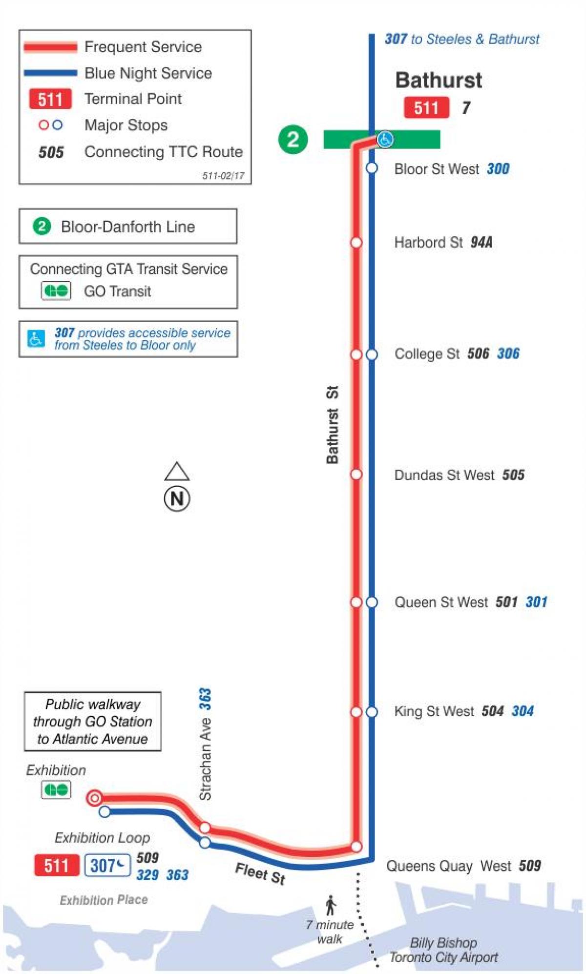Harta e streetcar linjë 511 Bathurst