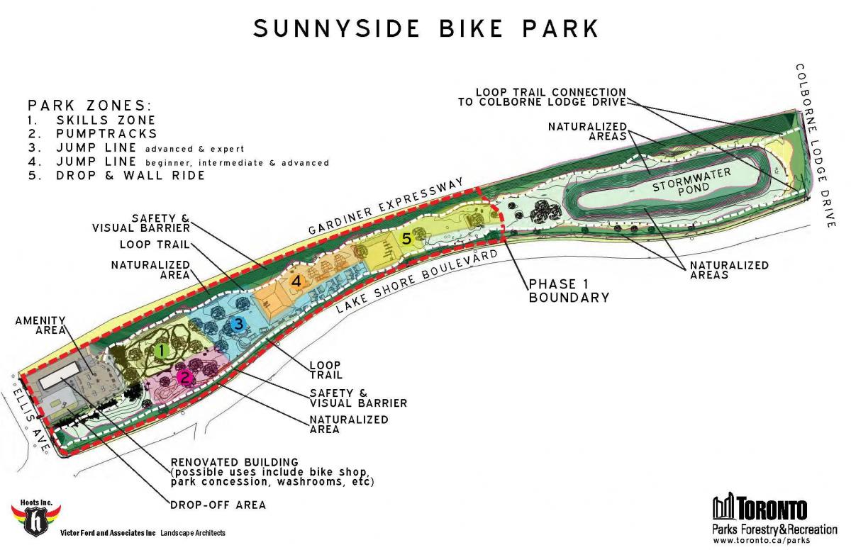 Harta e Sunnyside Biçikletë Parkun e zonës Toronto