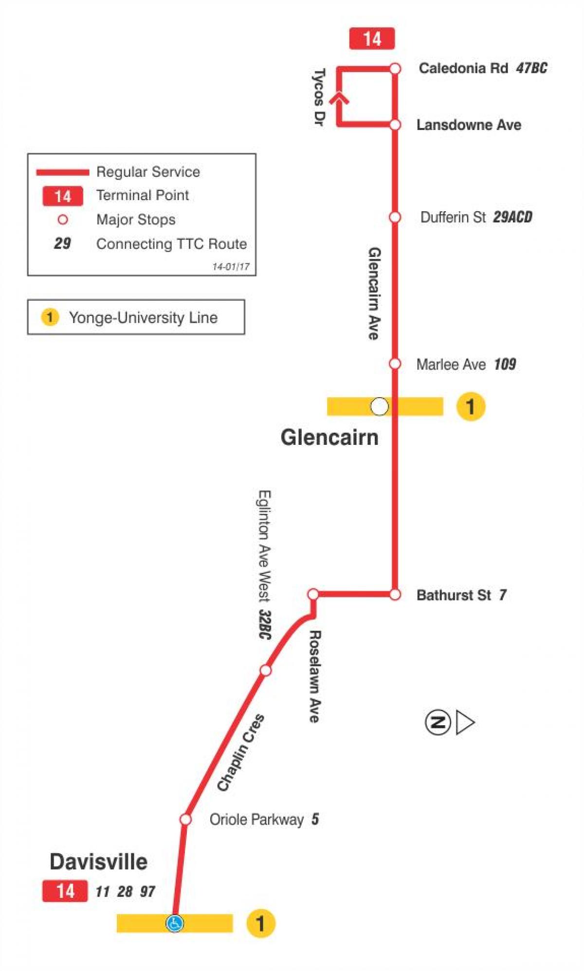 Harta e TTC 14 Glencairn autobus itinerari Toronto