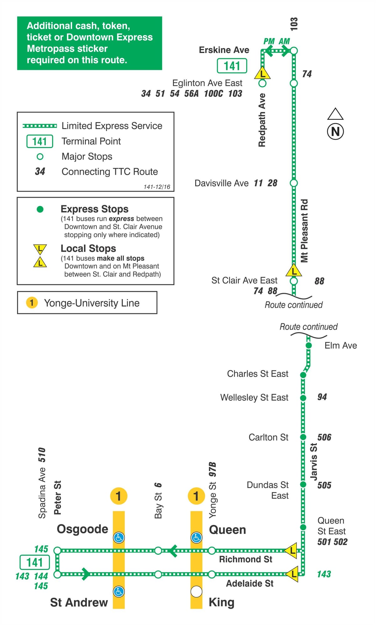 Harta e TTC 141 në Qendër të qytetit / Mt Këndshme Express autobus itinerari Toronto