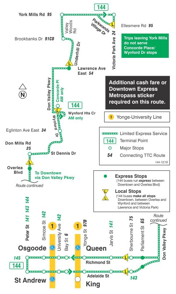 Harta e TTC 144 në Qendër të qytetit / Nuk Luginën Express autobus itinerari Toronto