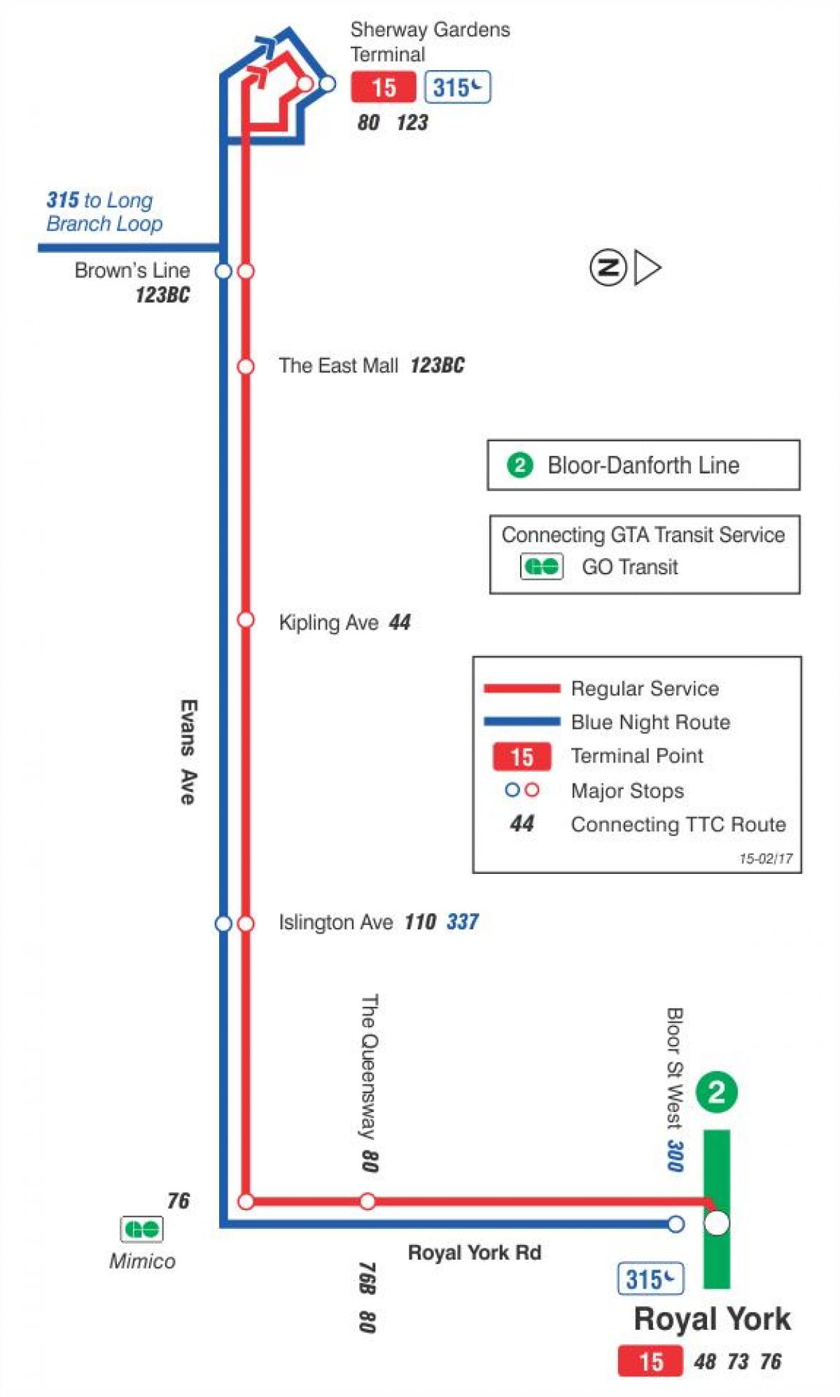 Harta e TTC 15 Evans autobus itinerari Toronto
