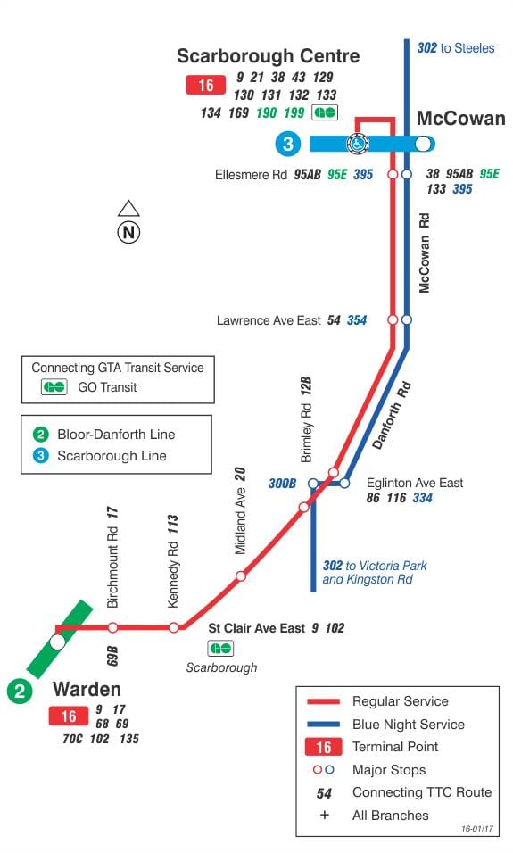 Harta e TTC 16 McCowan autobus itinerari Toronto