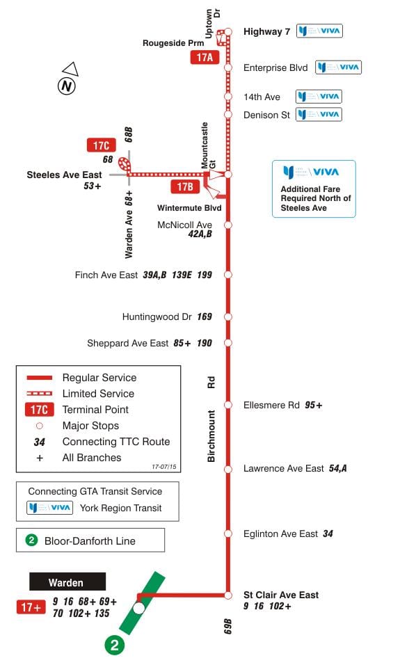 Harta e TTC 17 Birchmount autobus itinerari Toronto
