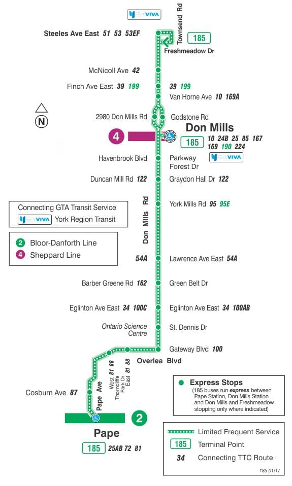 Harta e TTC 185 Mos Mullinj me Raketa autobus itinerari Toronto