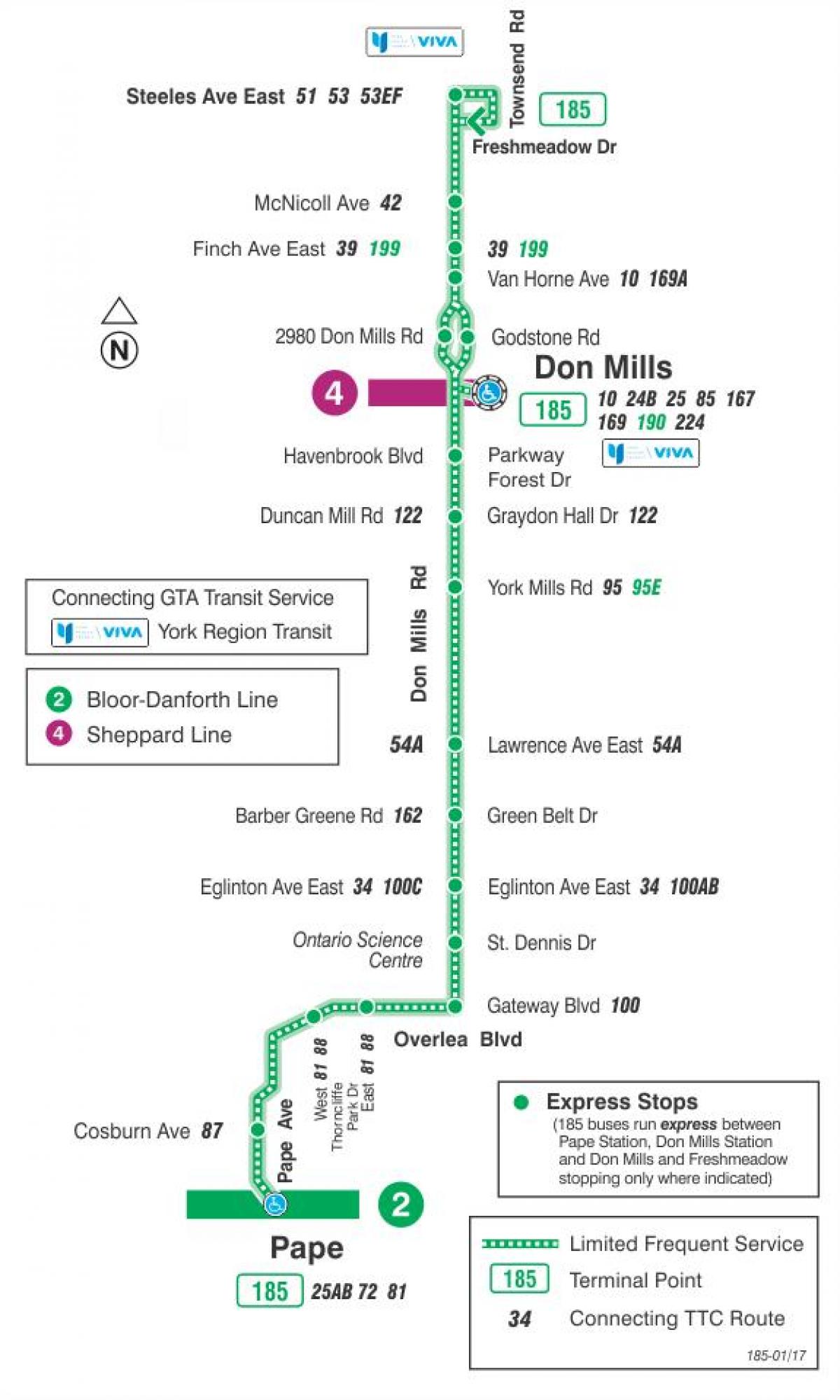 Harta e TTC 185 Mos Mullinj me Raketa autobus itinerari Toronto