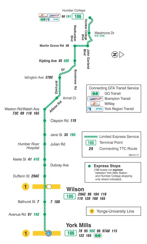 Harta e TTC 186 Wilson Raketa autobus itinerari Toronto