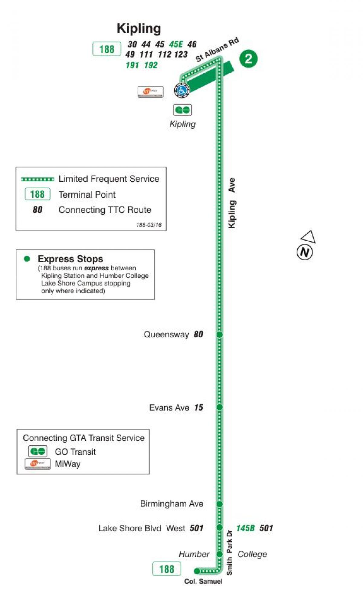 Harta e TTC 188 Kipling e Jugut Raketa autobus itinerari Toronto