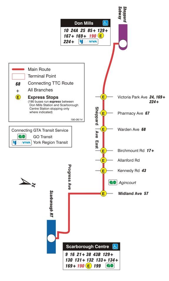 Harta e TTC 190 Scarborough Qendra Raketa autobus itinerari Toronto