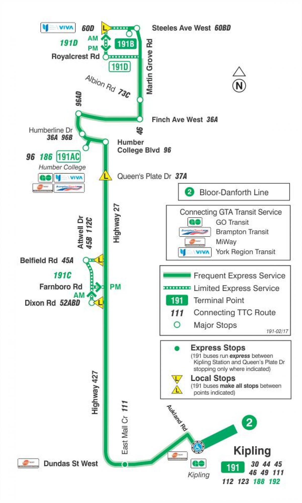 Harta e TTC 191 Autostradës 27 Raketa autobus itinerari Toronto