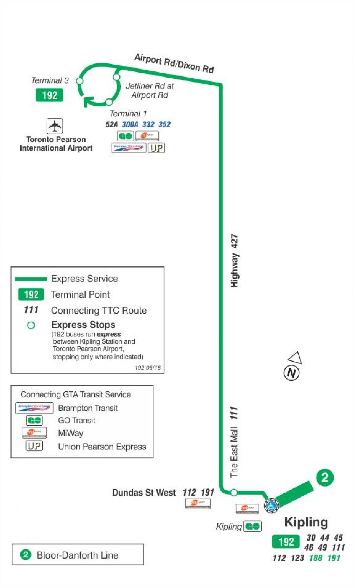 Harta e TTC 192 Aeroporti Raketa autobus itinerari Toronto