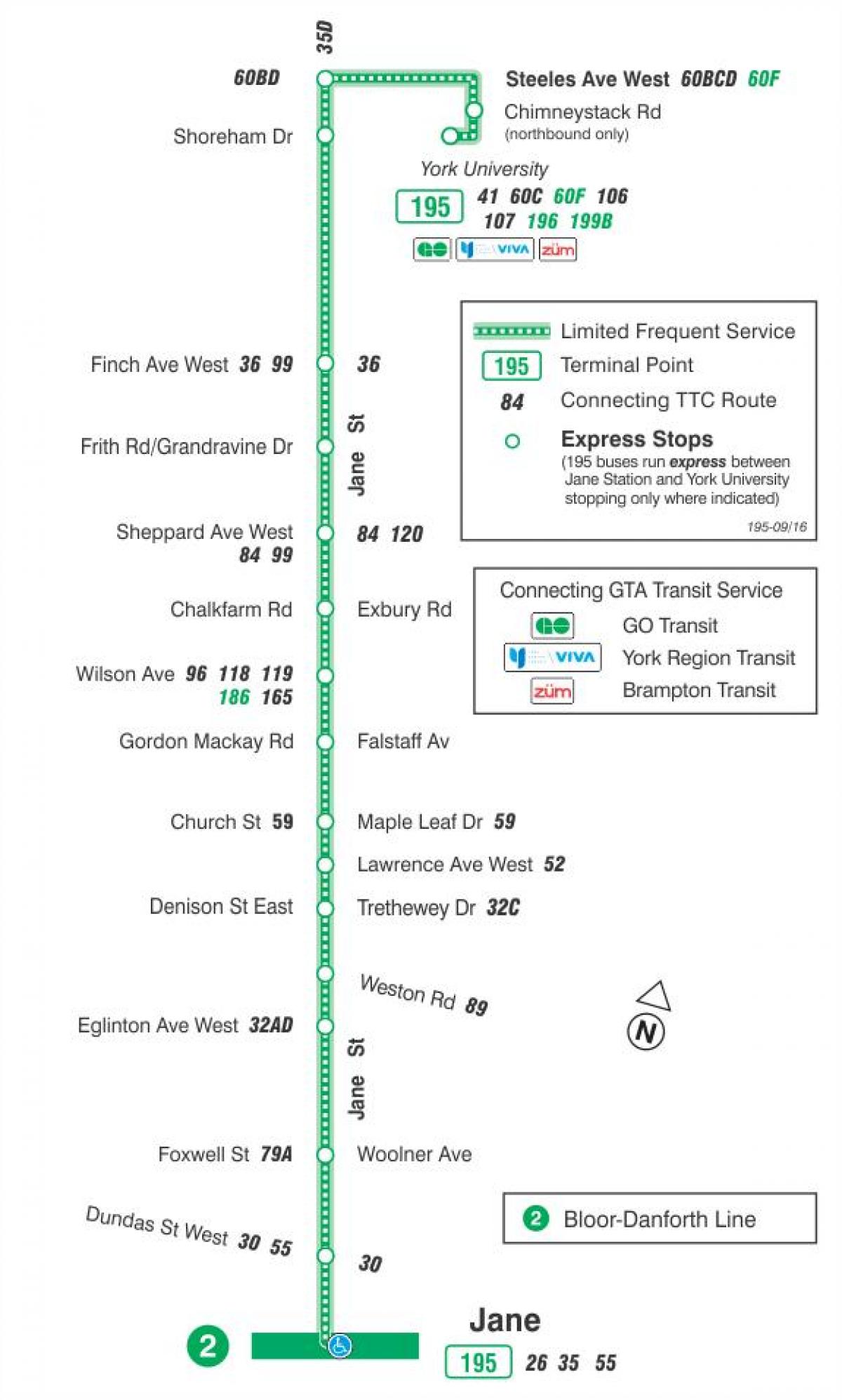 Harta e TTC 195 Jane Raketa autobus itinerari Toronto