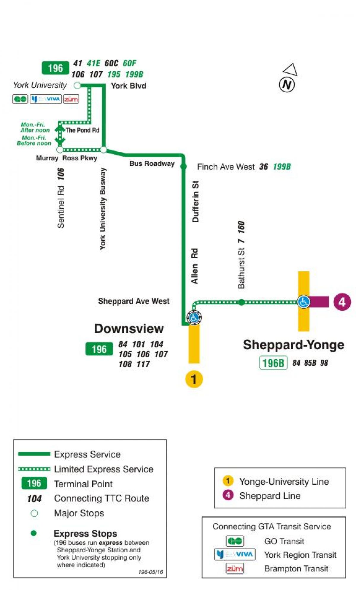 Harta e TTC 196 York University Raketa autobus itinerari Toronto