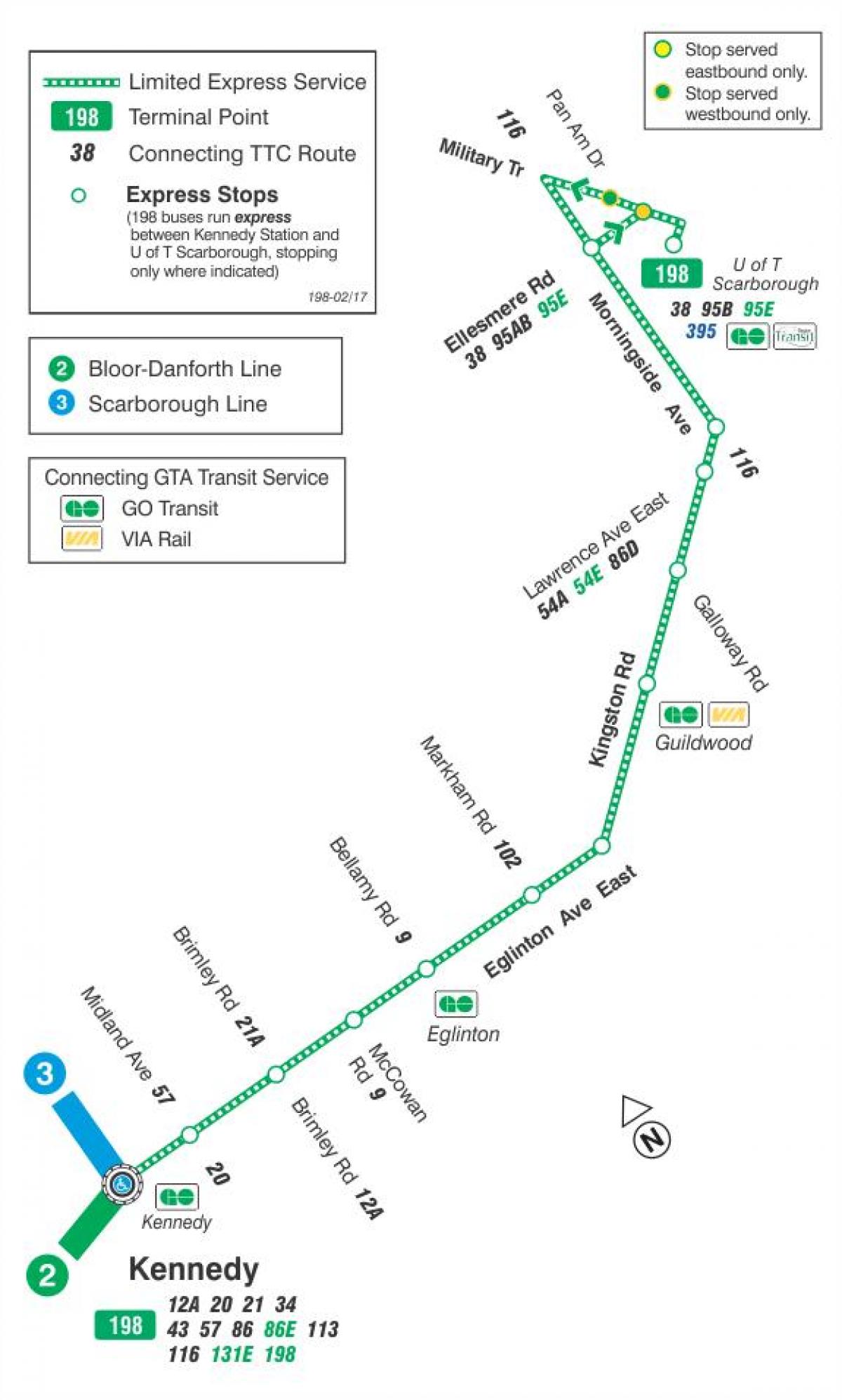 Harta e TTC 198 U e T Scarborough Raketa autobus itinerari Toronto
