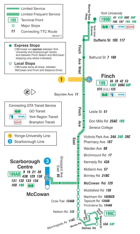 Harta e TTC 199 Finch Raketa autobus itinerari Toronto