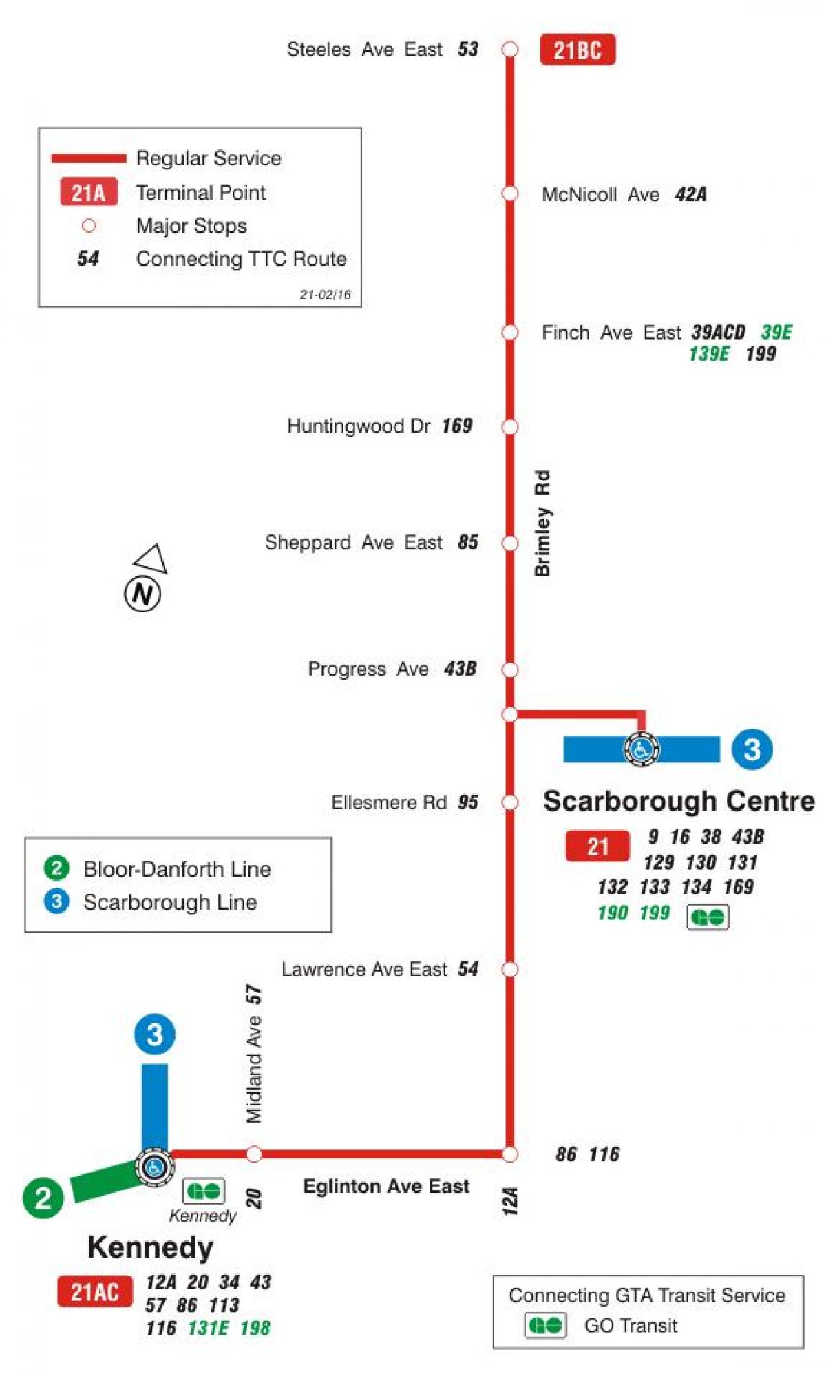 Harta e TTC 21 Brimley autobus itinerari Toronto