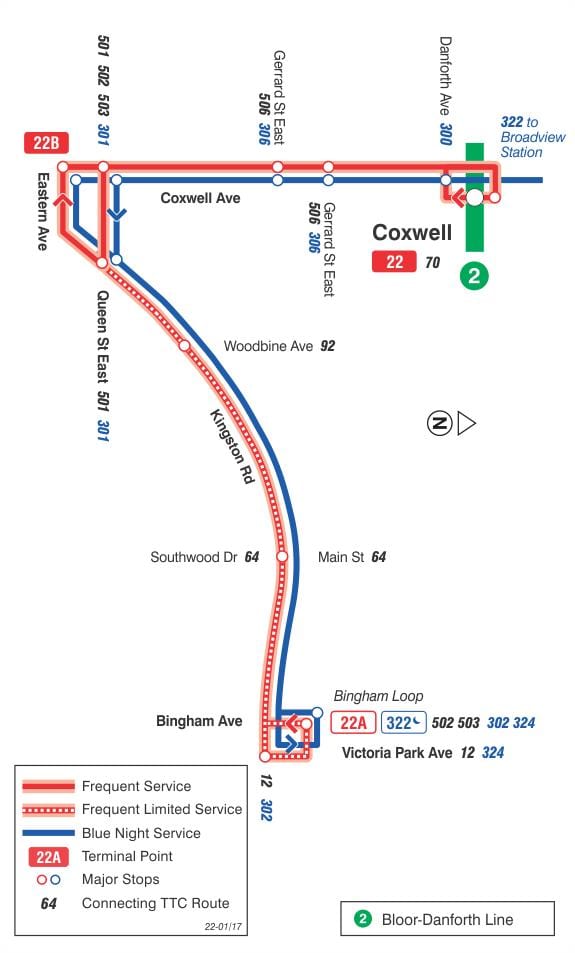 Harta e TTC 22 Coxwell autobus itinerari Toronto
