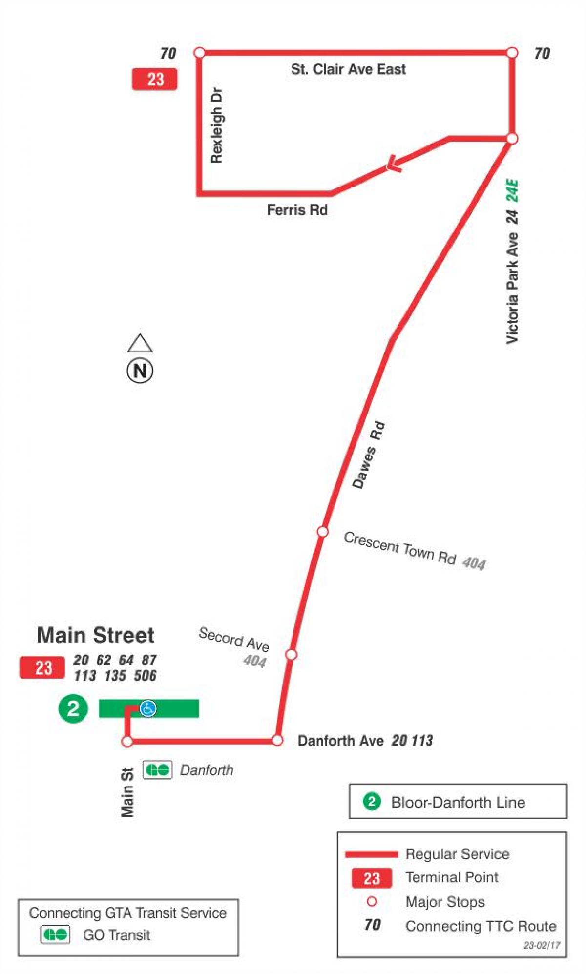 Harta e TTC 23 Daz me autobus itinerari Toronto