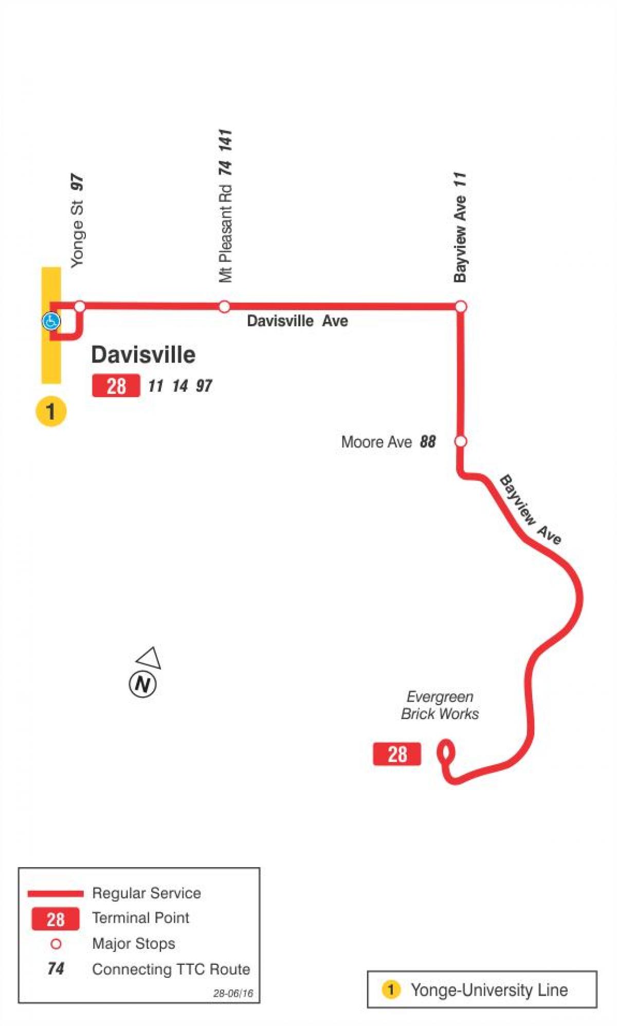 Harta e TTC 28 Bayview Jug autobus itinerari Toronto