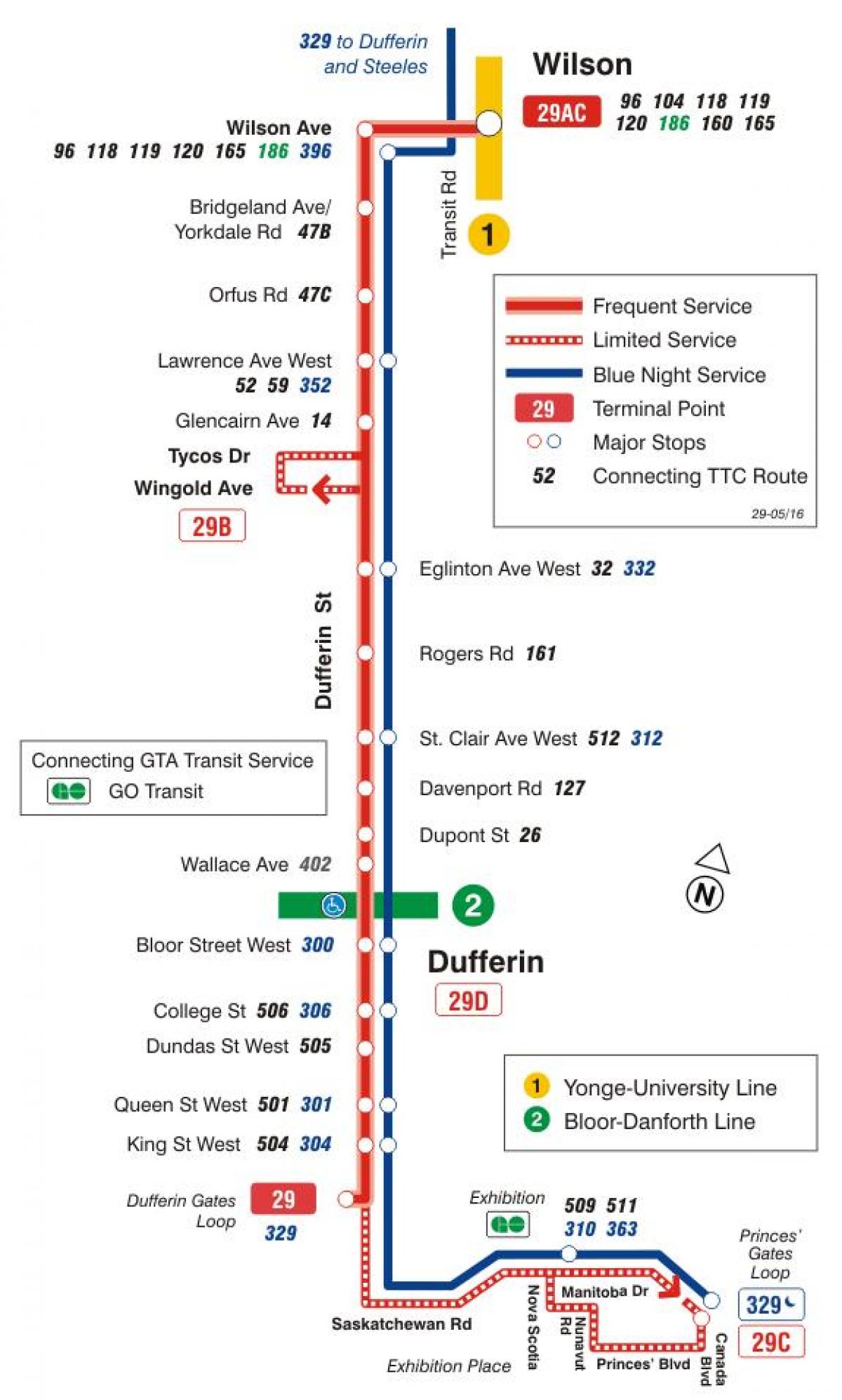 Harta e TTC 29 Dufferin autobus itinerari Toronto