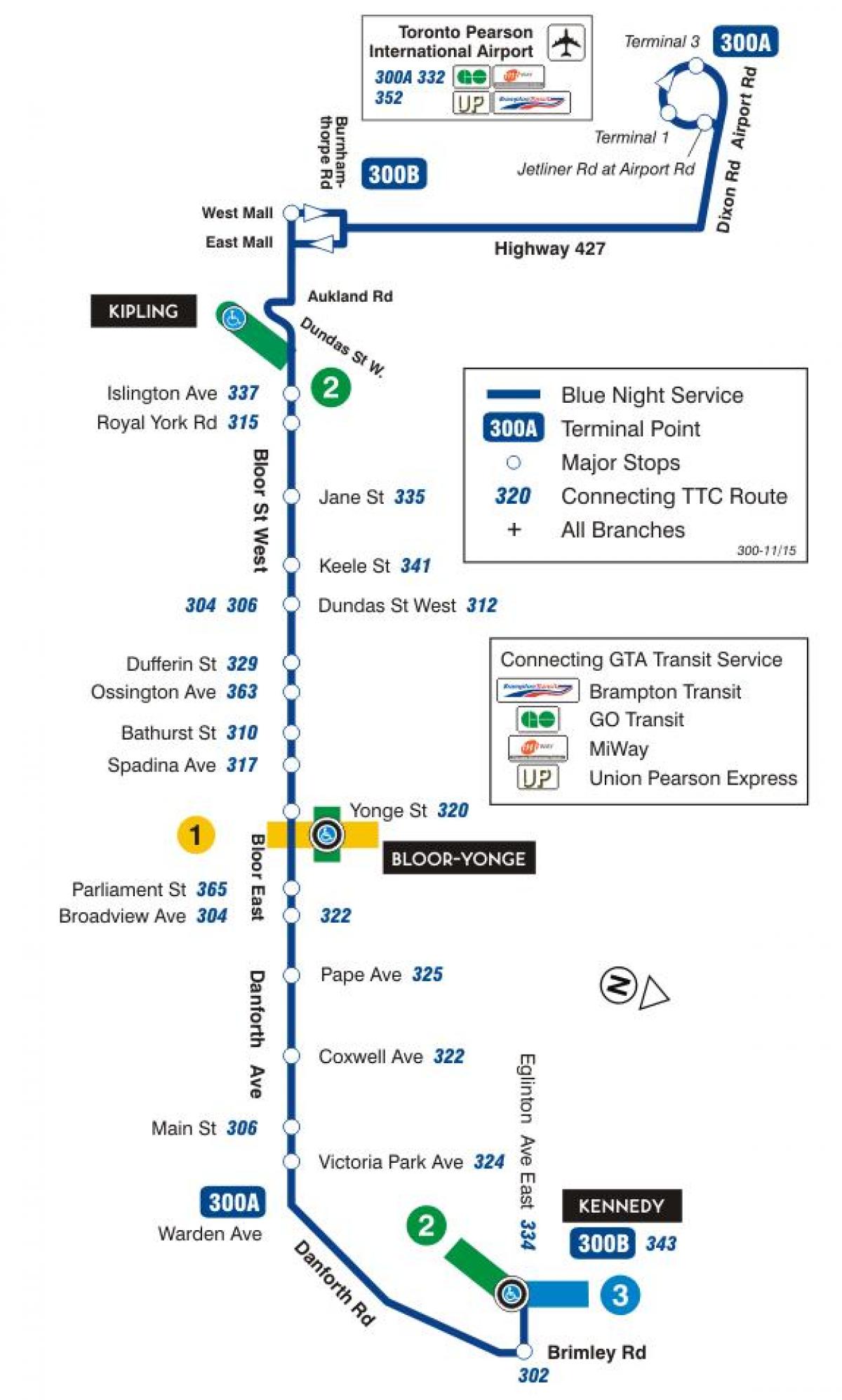 Harta e TTC 300A Bloor-Danforth autobus itinerari Toronto
