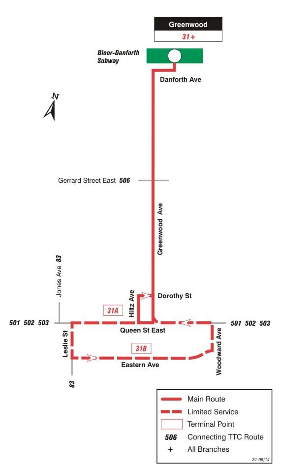 Harta e TTC 31 Greenwood autobus itinerari Toronto