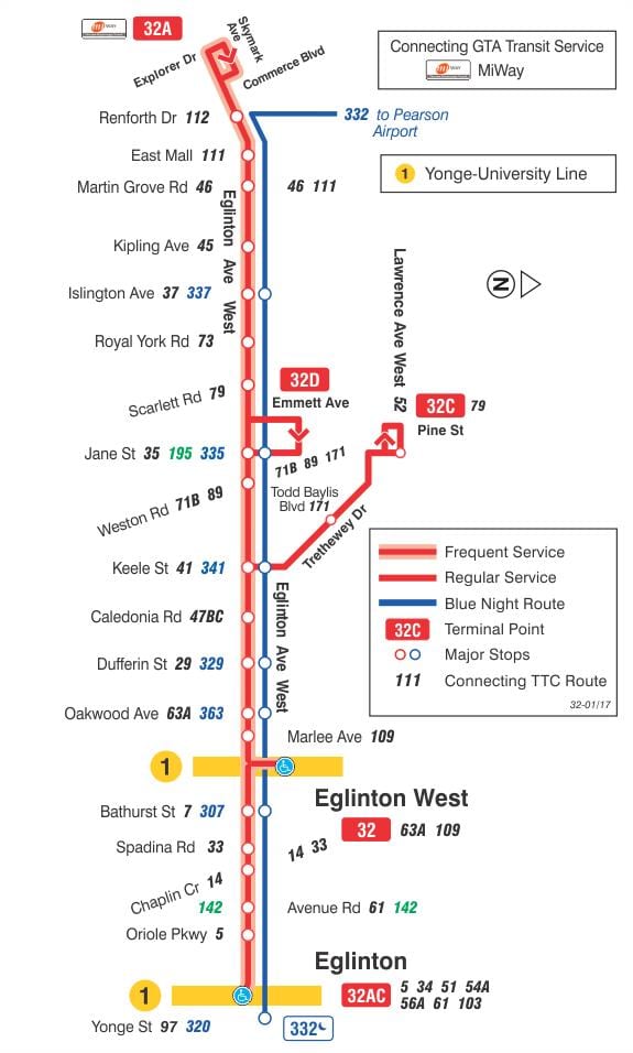 Harta e TTC 32 Eglinton Perëndim autobus itinerari Toronto