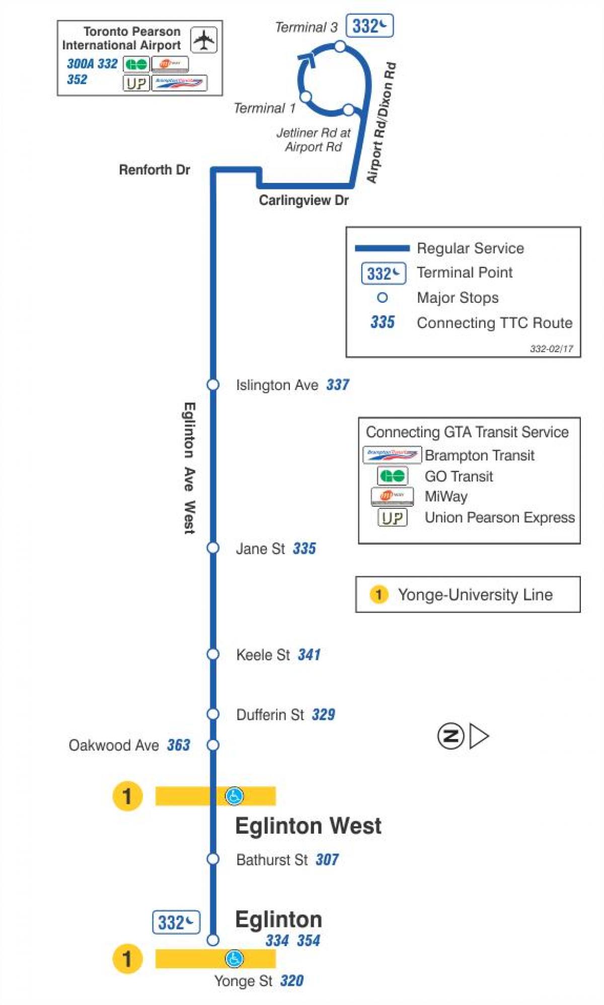 Harta e TTC 332 Eglinton Perëndim autobus itinerari Toronto