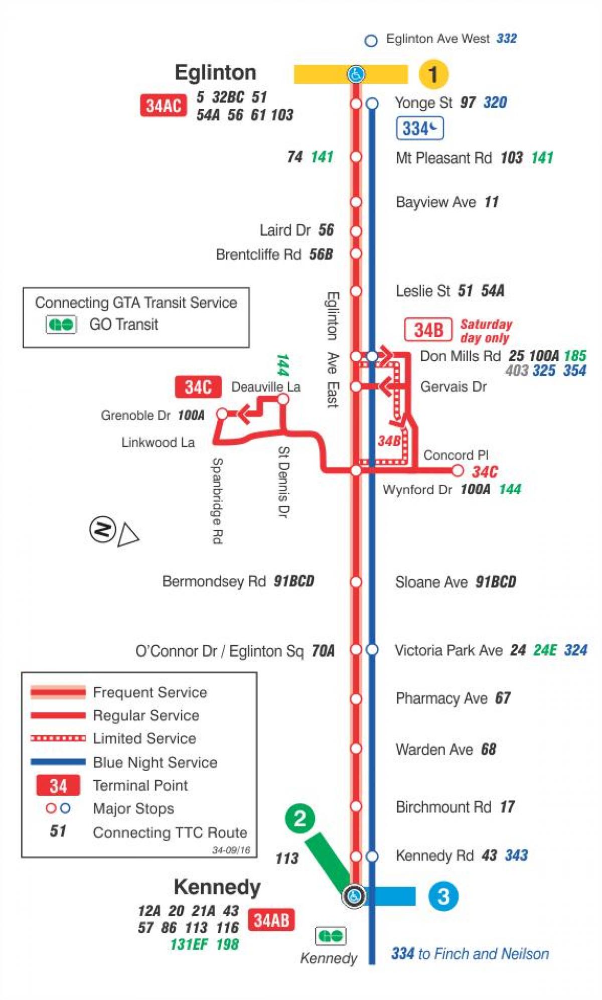 Harta e TTC 34 Eglinton Lindje autobus itinerari Toronto