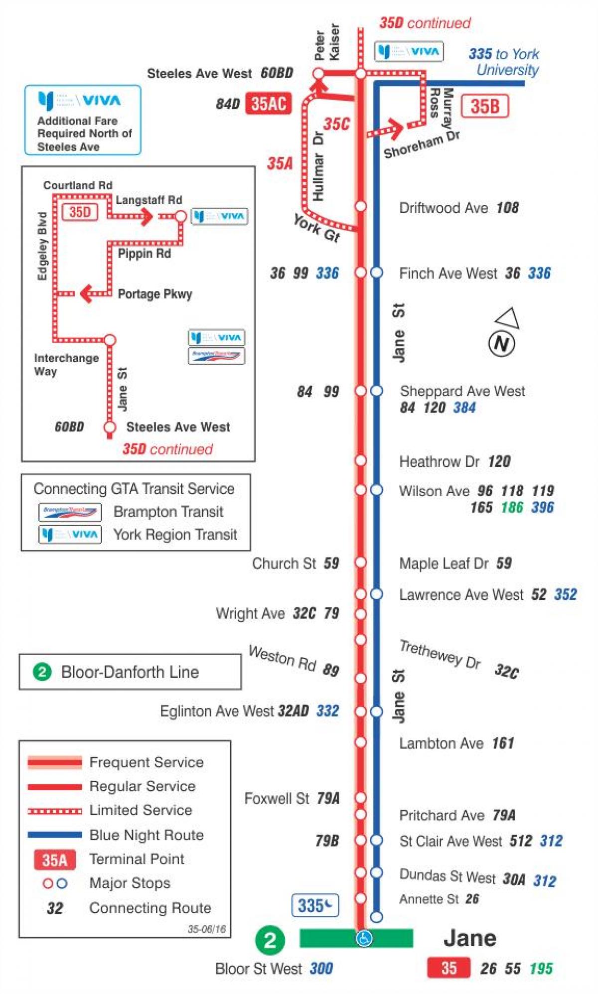 Harta e TTC 35 Jane autobus itinerari Toronto