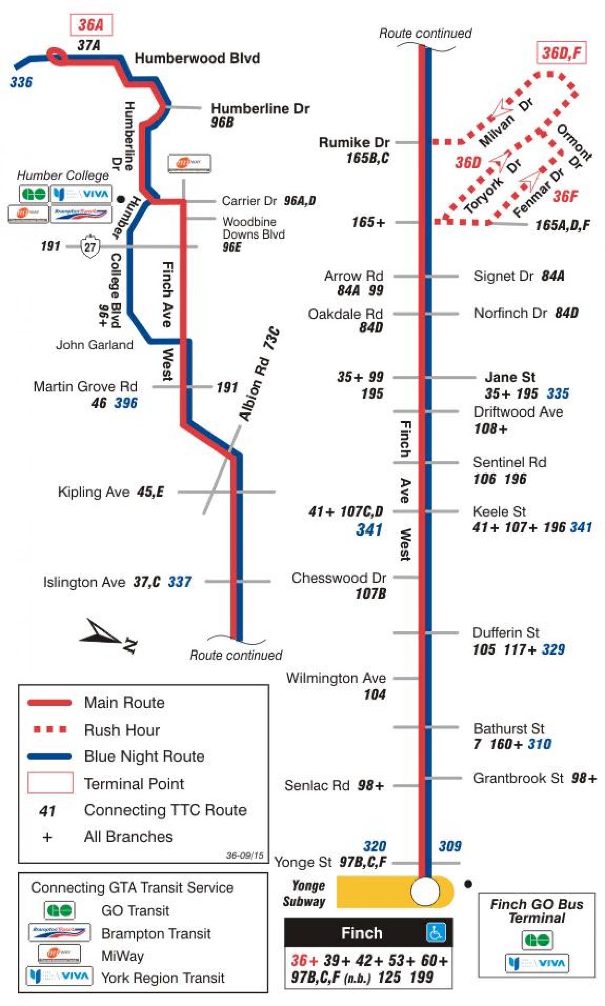 Harta e TTC 36 Finch Perëndim autobus itinerari Toronto