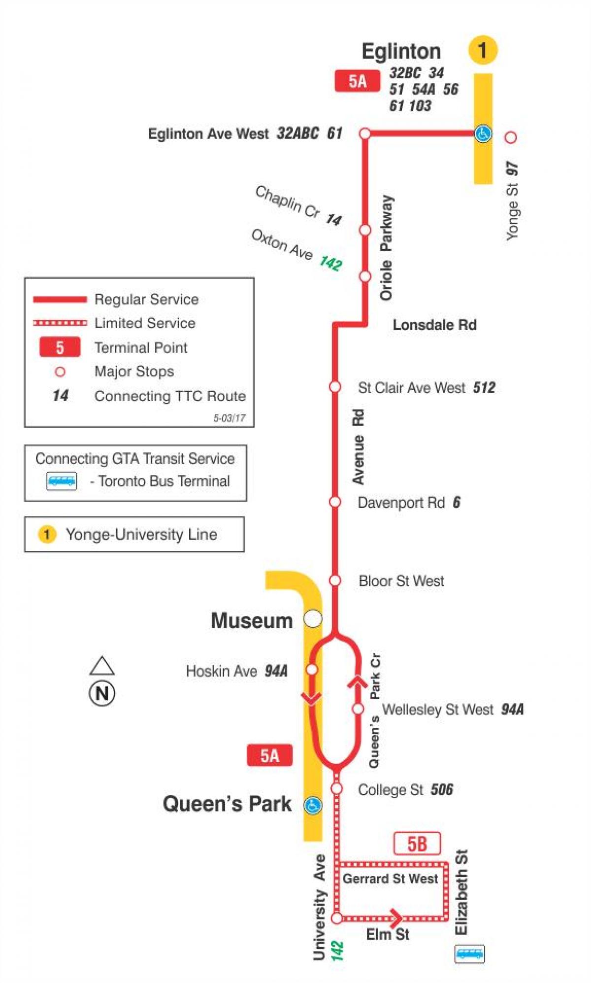 Harta e TTC 5 Avenue Rd autobus itinerari Toronto