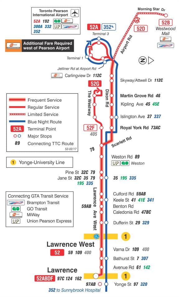 Harta e TTC 52 Lawrence Perëndim autobus itinerari Toronto