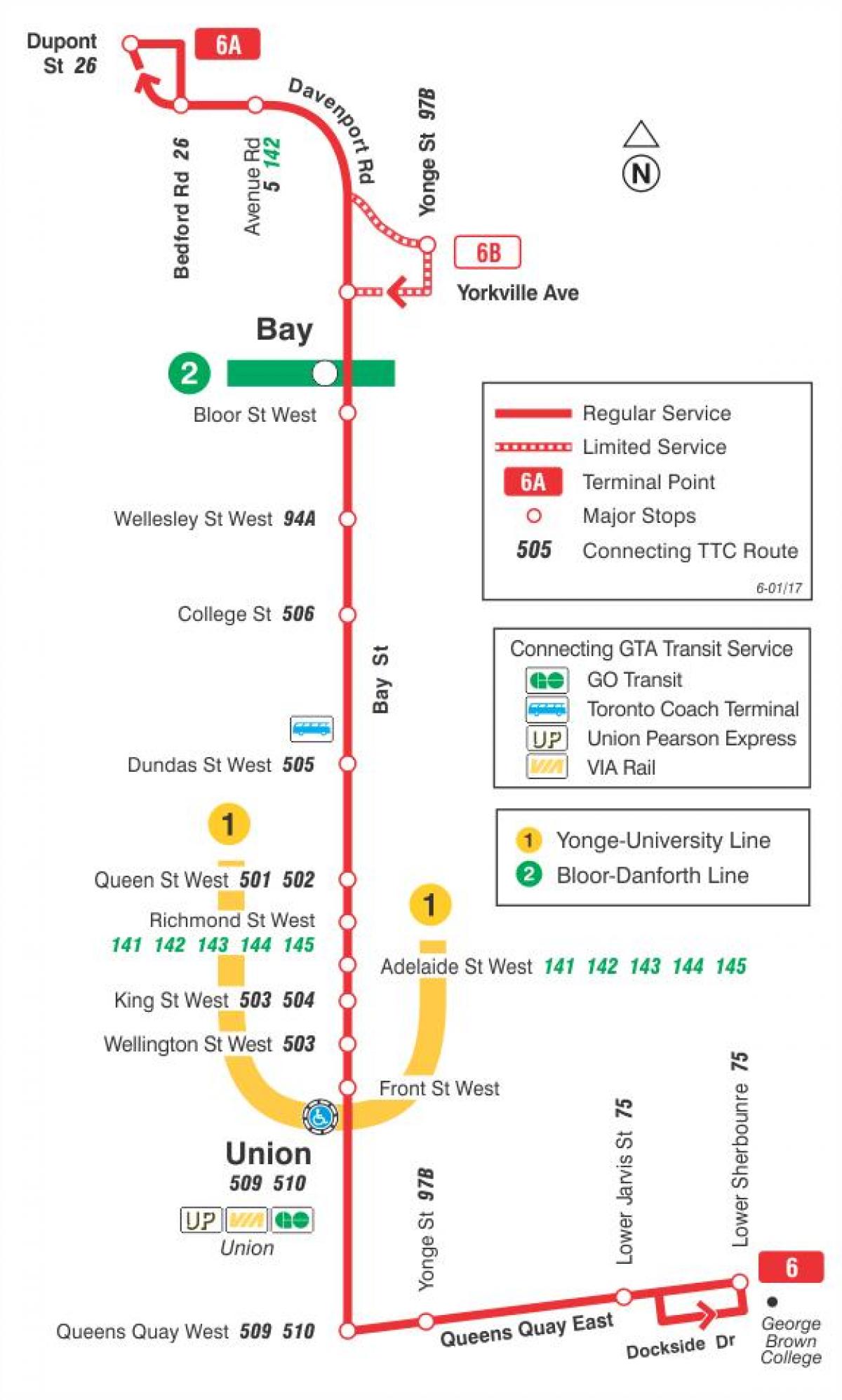 Harta e TTC 6 Gjirin autobus itinerari Toronto