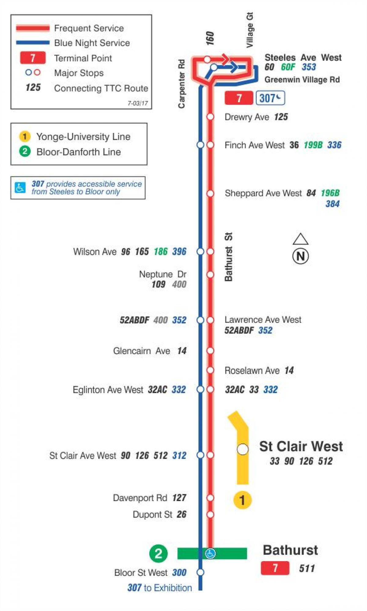 Harta e TTC 7 Bathurst autobus itinerari Toronto