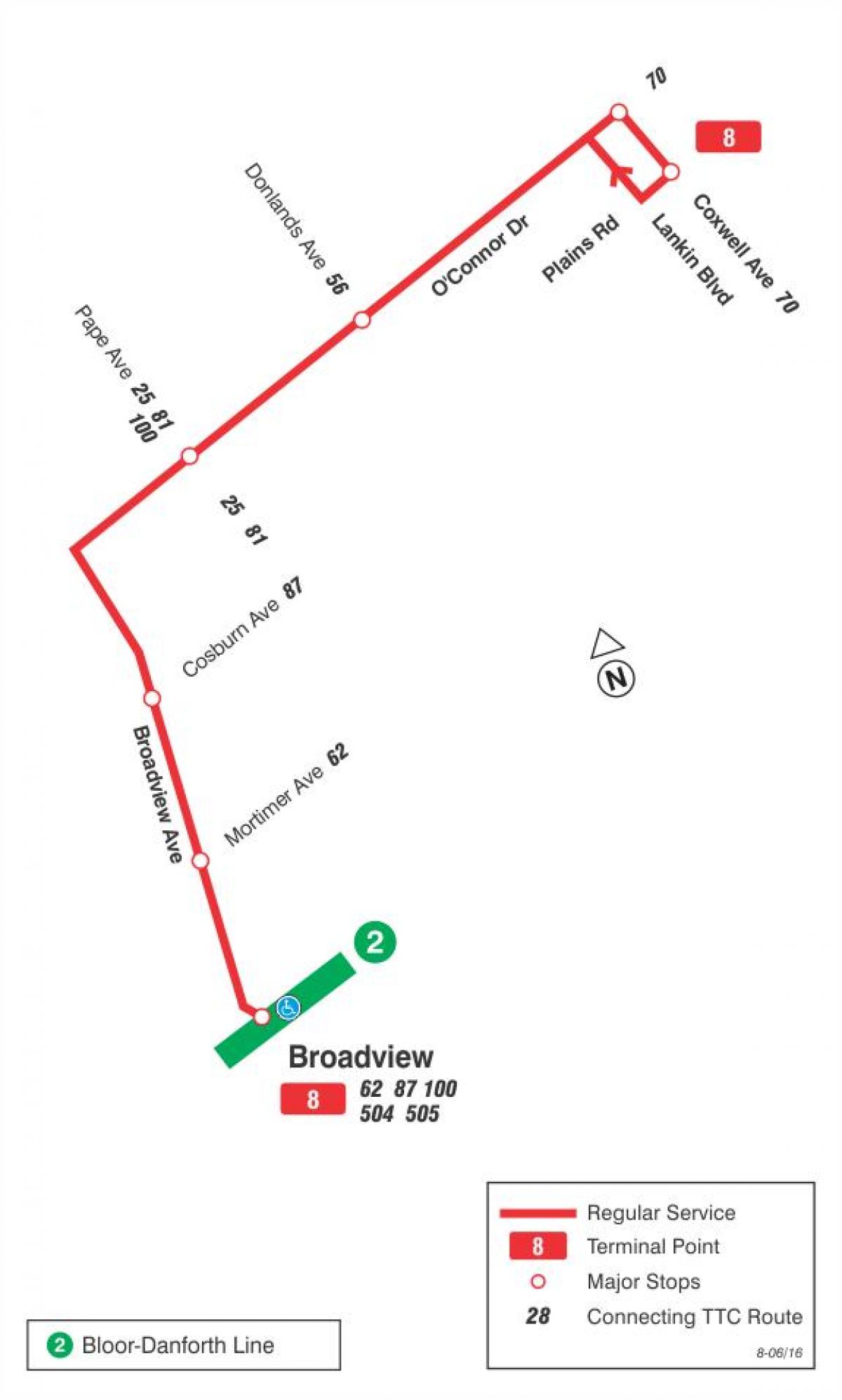 Harta e TTC 8 Broadview autobus itinerari Toronto