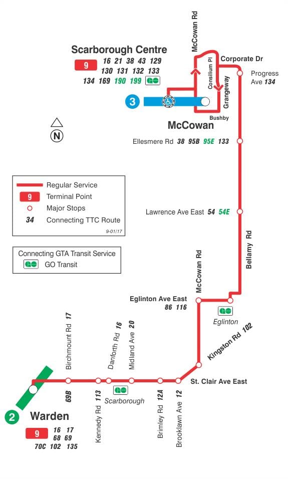 Harta e TTC 9 Bellamy autobus itinerari Toronto