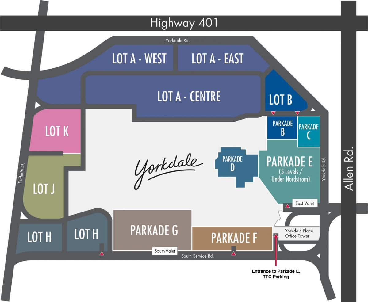 Harta e Yorkdale Qendrën Tregtare në parking