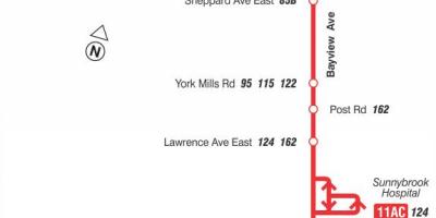 Harta e TTC 11 Bayview autobus itinerari Toronto