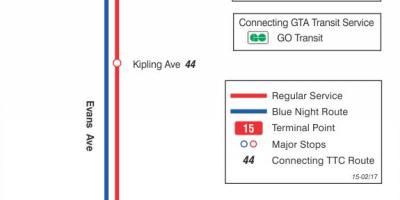 Harta e TTC 15 Evans autobus itinerari Toronto