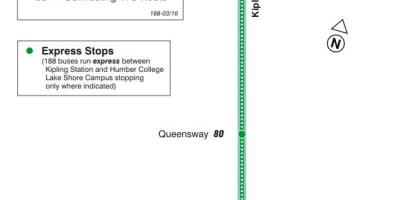 Harta e TTC 188 Kipling e Jugut Raketa autobus itinerari Toronto