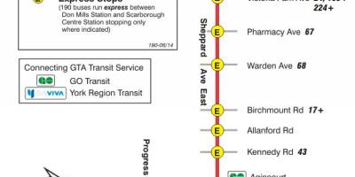 Harta e TTC 190 Scarborough Qendra Raketa autobus itinerari Toronto