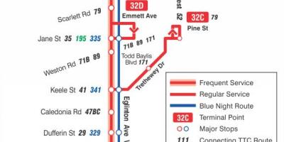Harta e TTC 32 Eglinton Perëndim autobus itinerari Toronto