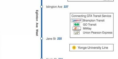 Harta e TTC 332 Eglinton Perëndim autobus itinerari Toronto